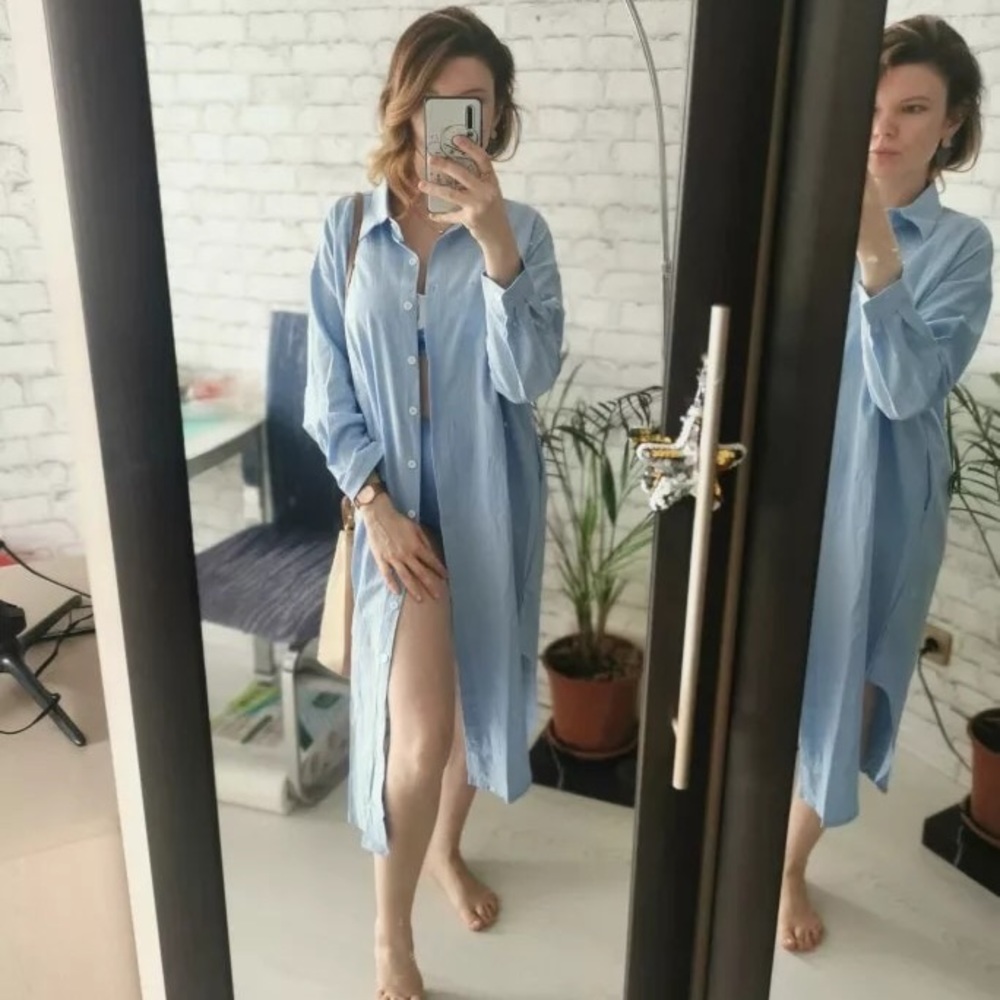 Shirt dress long women’s button collar top pockets white black - Picture 13 of 16